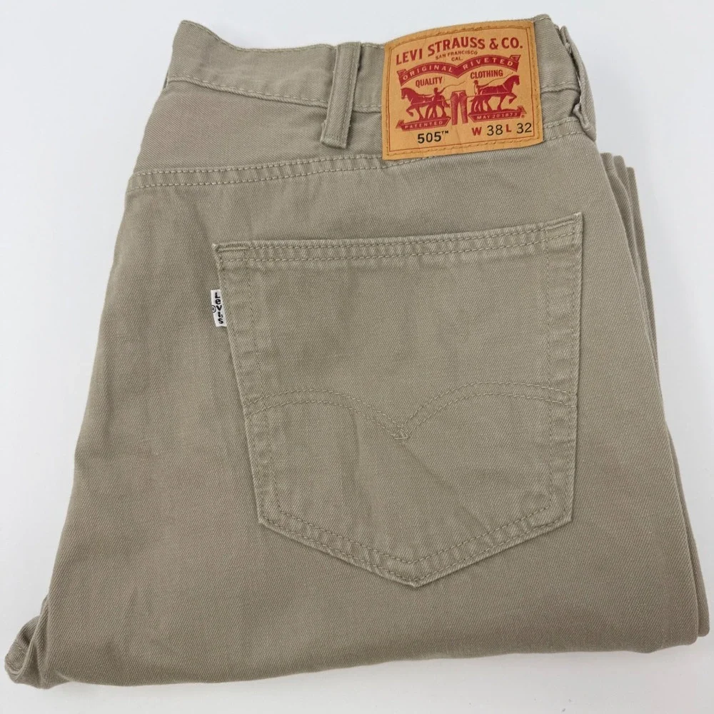 Levis 505 Regular Fit Straight Leg Jeans Mens 38x32 Tan Khaki‎ Twill 00505-0718